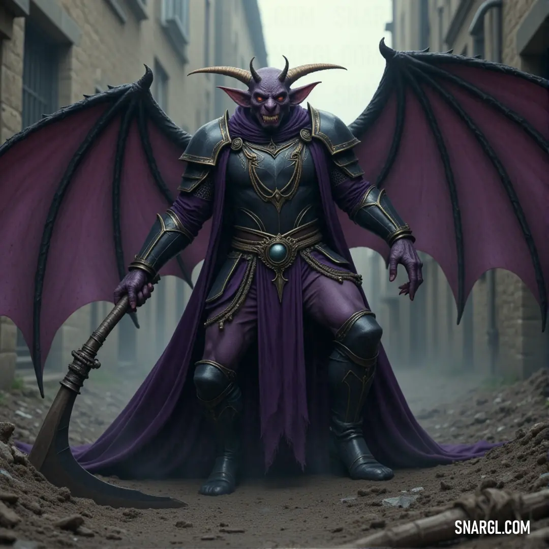 A Demonic Carven Fiend, with a large purple bat on its shoulder, stands in a shadowed, ominous place, exuding power and dark energy. A Demonic Carven Fiend, adorned with a massive purple bat perched on its shoulder, stands in a dark, foreboding setting. Its sinister energy is amplified by the looming presence of its companion.