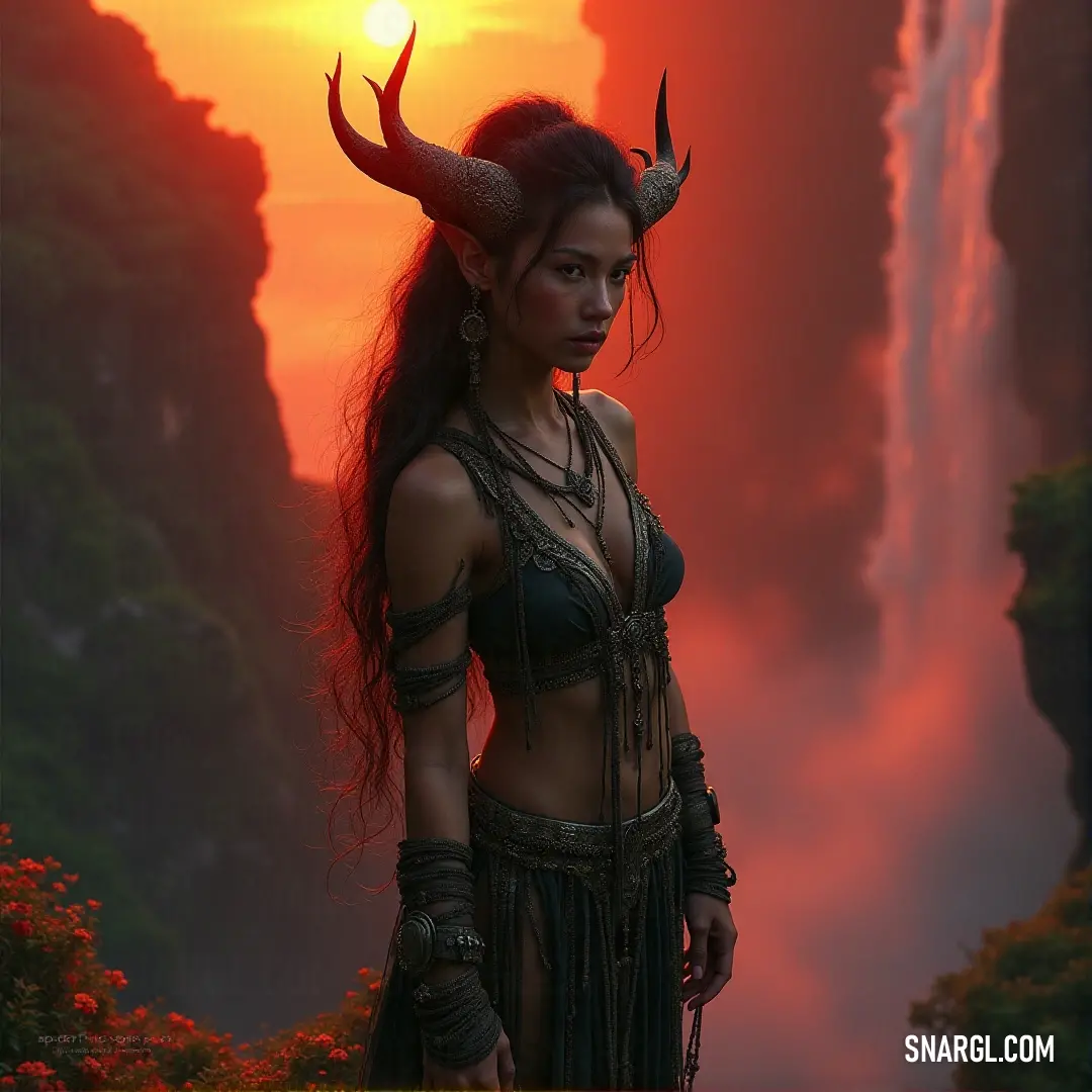A mystical Caryatis with elegant horns and a bold bra stands before a breathtaking waterfall, bathed in the warm glow of a sunset, her silhouette framed against the golden horizon.