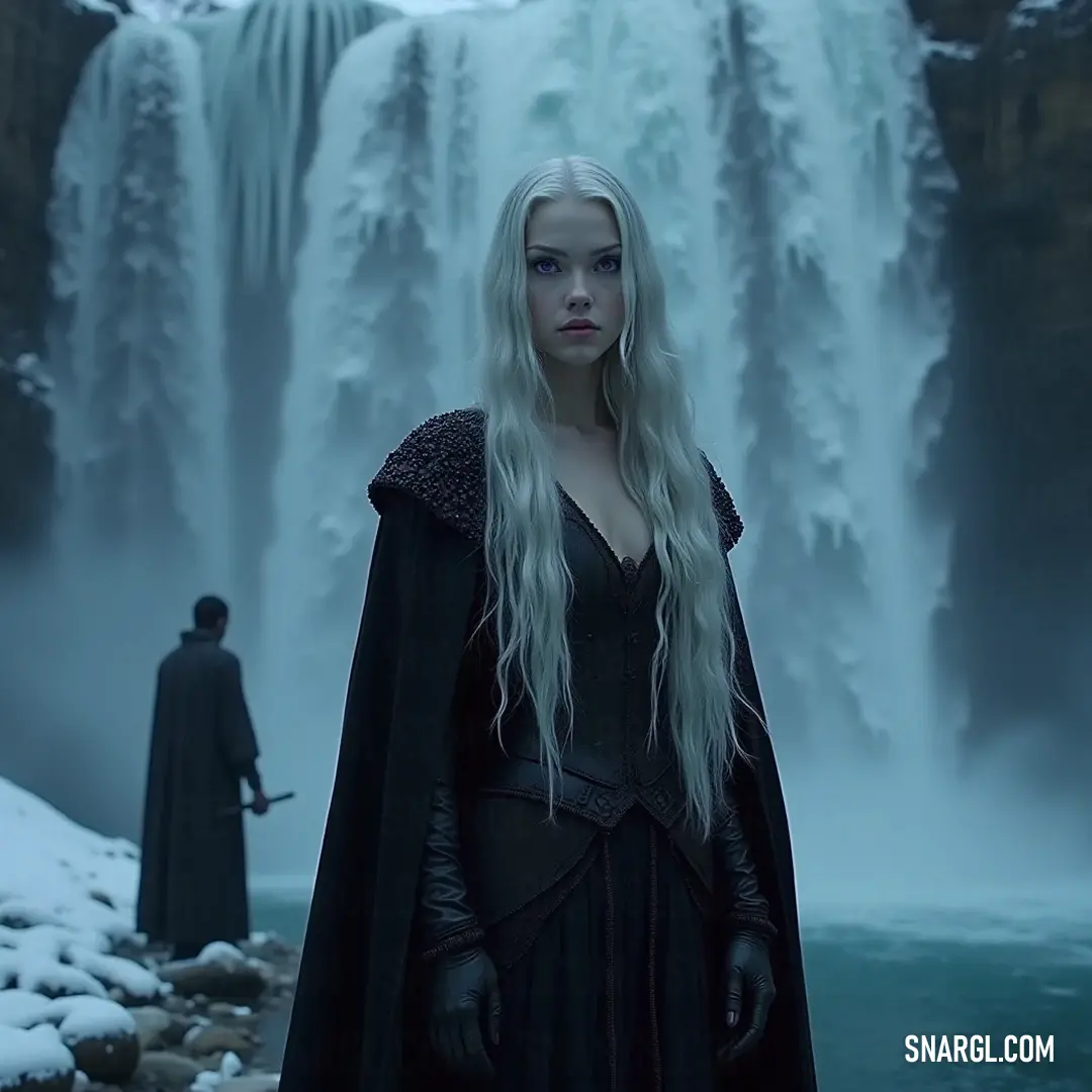 A figure dressed in an elegant black dress stands before a majestic waterfall, accompanied by another dressed in a dark cloak, evoking mystery, adventure, and the allure of nature's wonders.