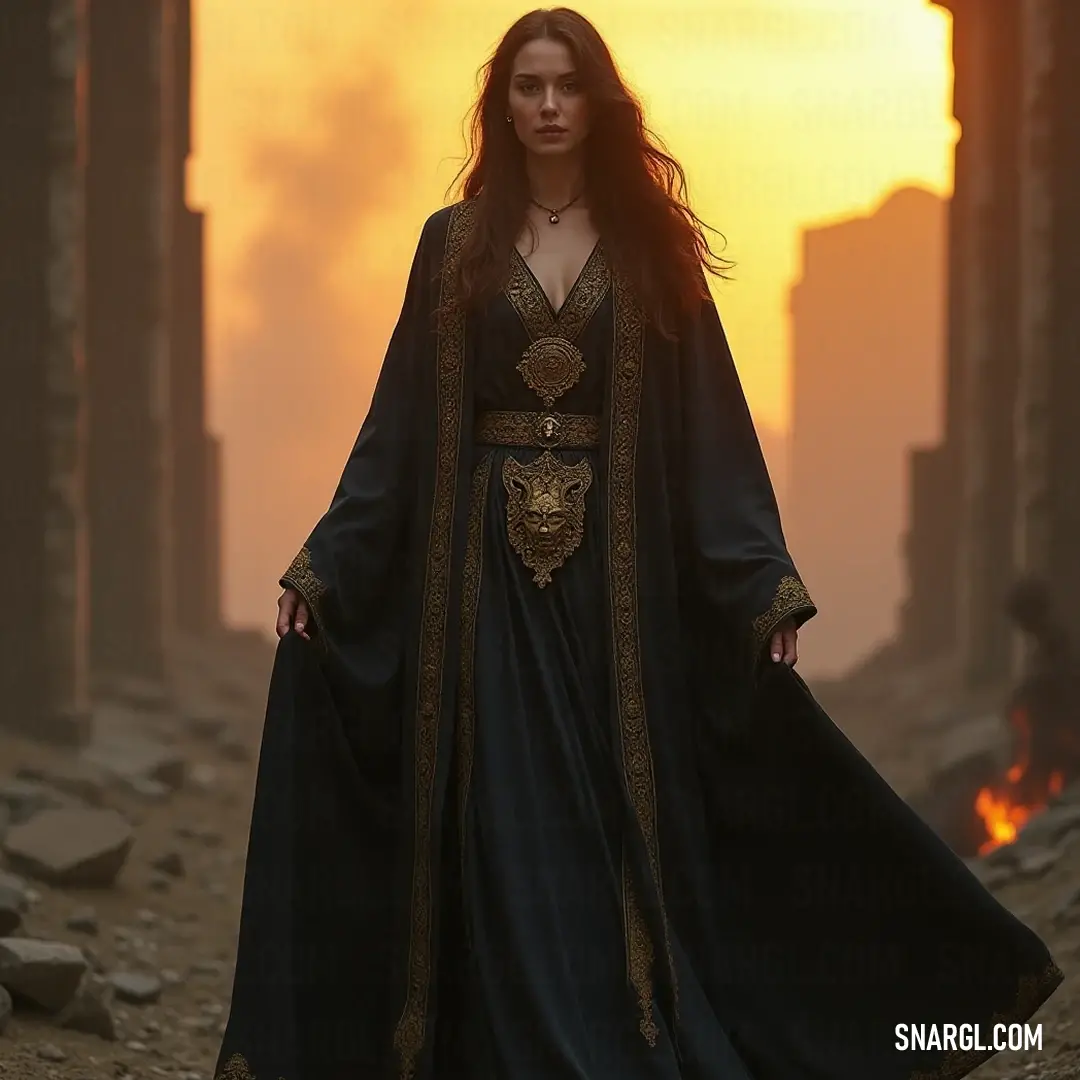 Amidst a stunning desert landscape, a woman adorned in a black dress and golden crown stands regally, framed by a breathtaking sunset. The warm hues paint the sky, enhancing her elegance and commanding presence in this vast world.