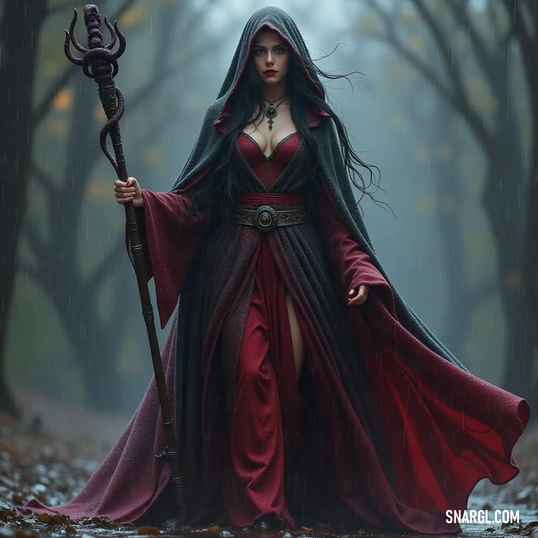In a picturesque forest, a striking figure in a bright red dress holds a staff, the setting sun filtering through the trees, illuminating the scene with golden rays and fostering a sense of wonder and magic. Amongst a serene forest, a figure in a vibrant red dress gracefully holds a staff, with scattered leaves and sunlight creating a magical interplay of color and light in this enchanting woodland scene.