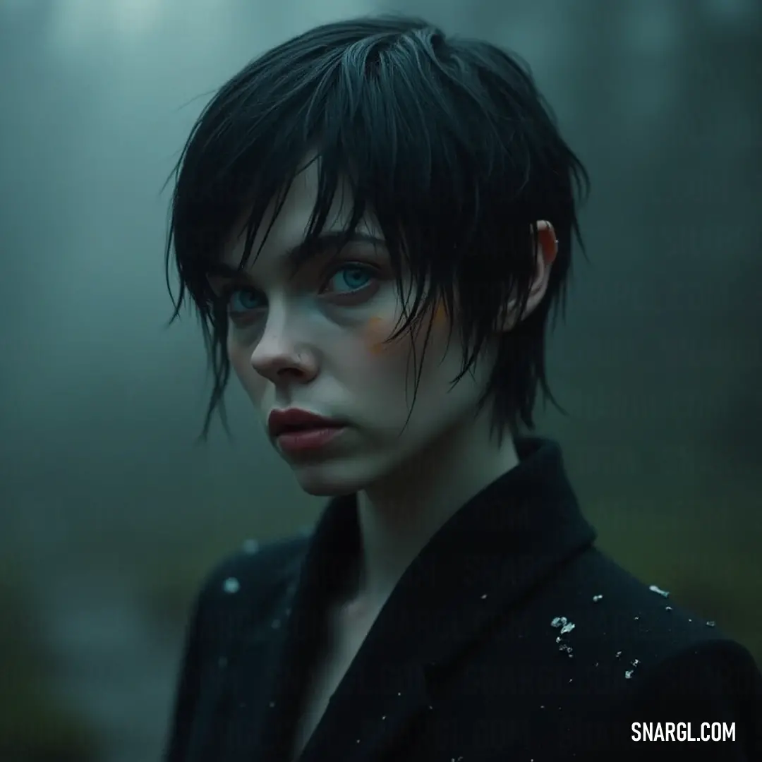 A mystical figure with striking black hair and luminous blue eyes stands amidst a haunting dark forest, rain gently cascading down her face, enhancing the ethereal atmosphere shrouded in a thick layer of fog.