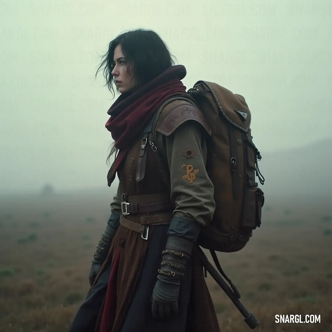 A figure clad in warm attire strolls through a foggy field, representing a journey of introspection amid nature's quiet beauty. A character traverses a misty field, adorned with a shoulder bag and a colorful scarf, as the soft fog envelops the landscape, creating a serene and contemplative scene.
