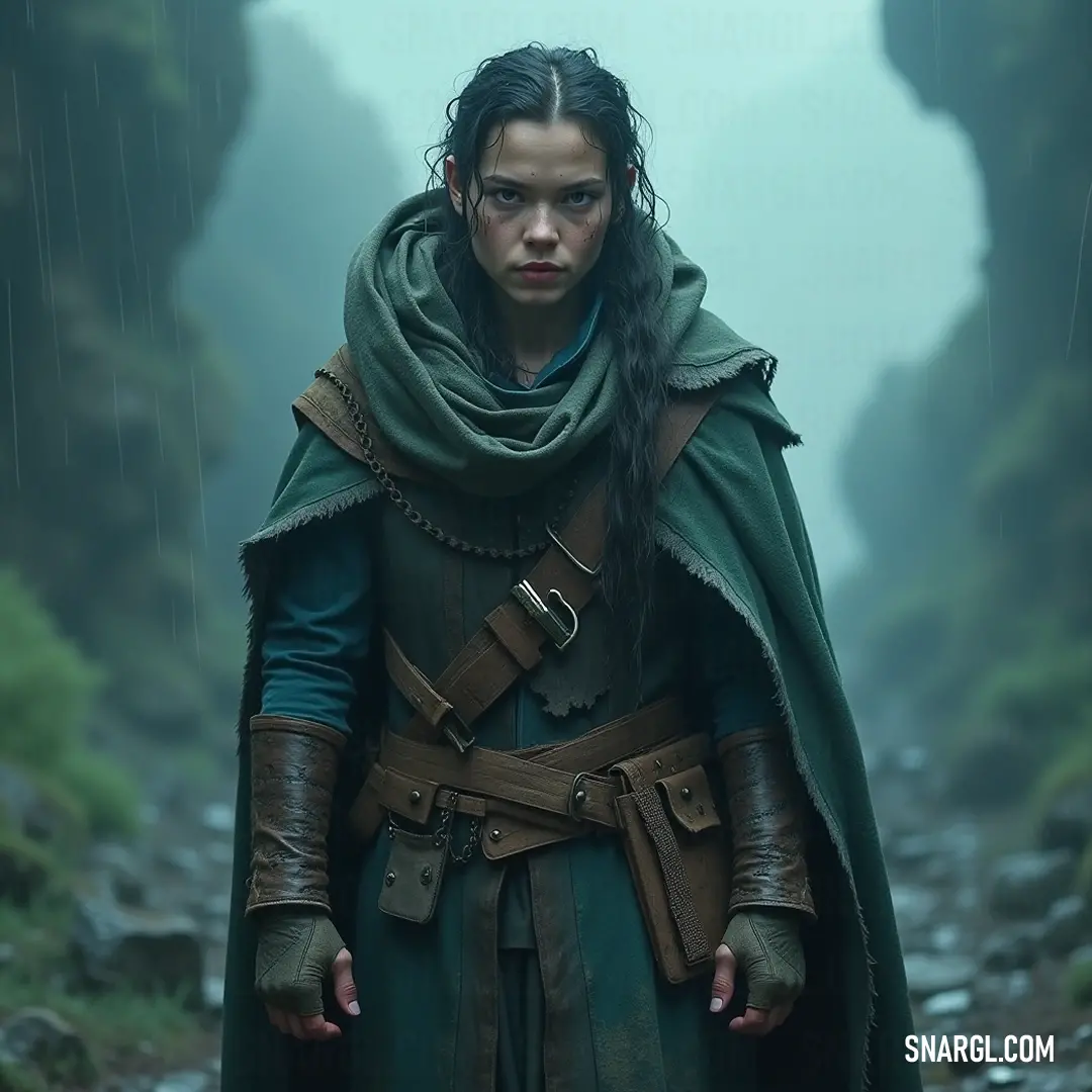A stunning presence in a flowing green cape and dress stands regally within a verdant forest, as a majestic waterfall cascades behind, creating a picturesque harmony with nature.