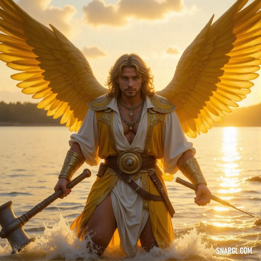 Cassiel, the warrior with wings and an axe, standing in serene waters with a glowing sunset behind him. Cassiel, dressed in intricate armor and wielding a large axe, stands in tranquil water at sunset. His wings are unfurled as the golden light of the setting sun casts a magical glow, creating a peaceful yet powerful aura.