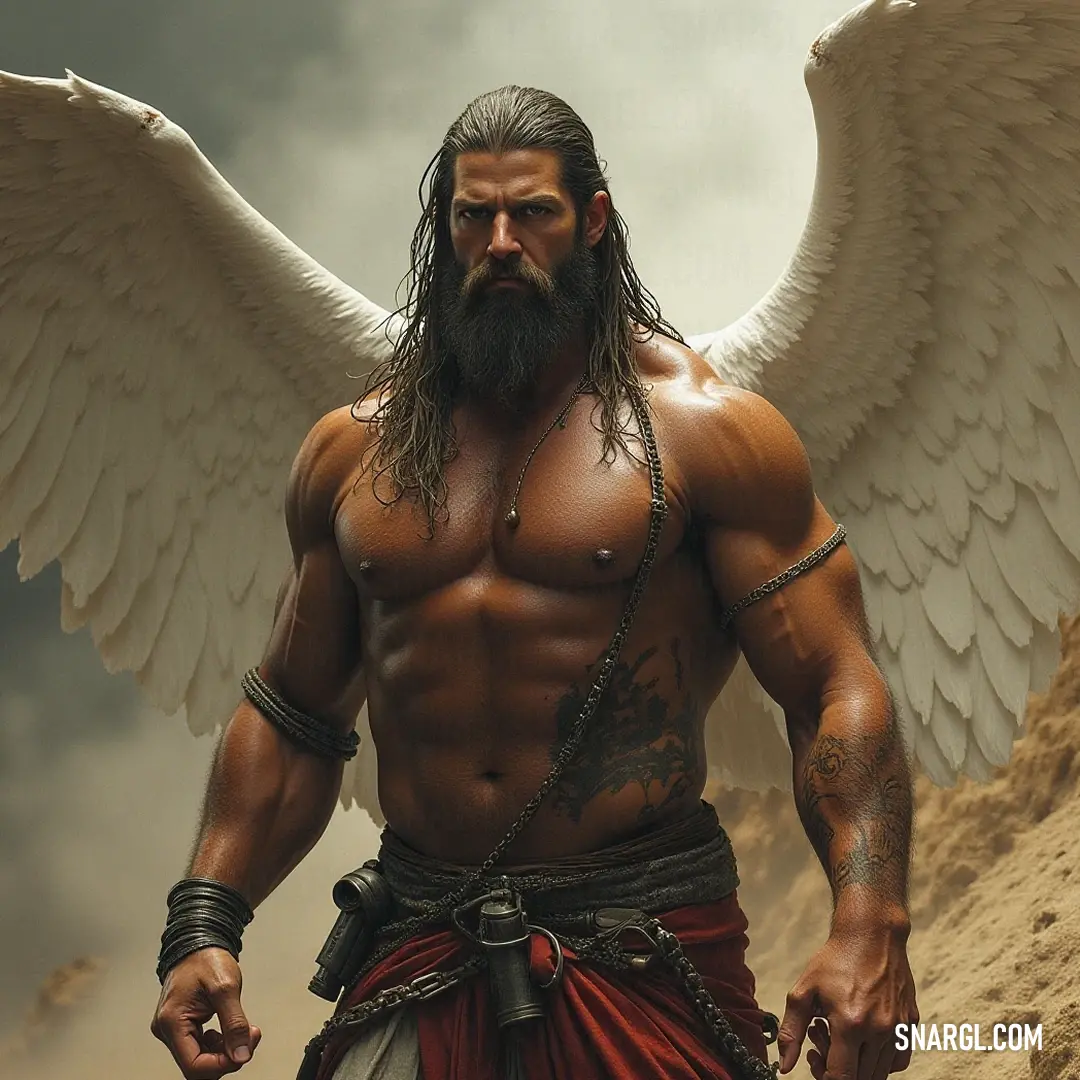 Cassiel, a celestial figure adorned with a beard and magnificent wings, exudes an aura of tranquility and power as he presents himself to the world. A majestic being named Cassiel stands proudly, adorned with a luxurious beard and impressive wings that rest gently on his chest, radiating a sense of wisdom and strength. His expression is serene, conveying a deep connection with the celestial.