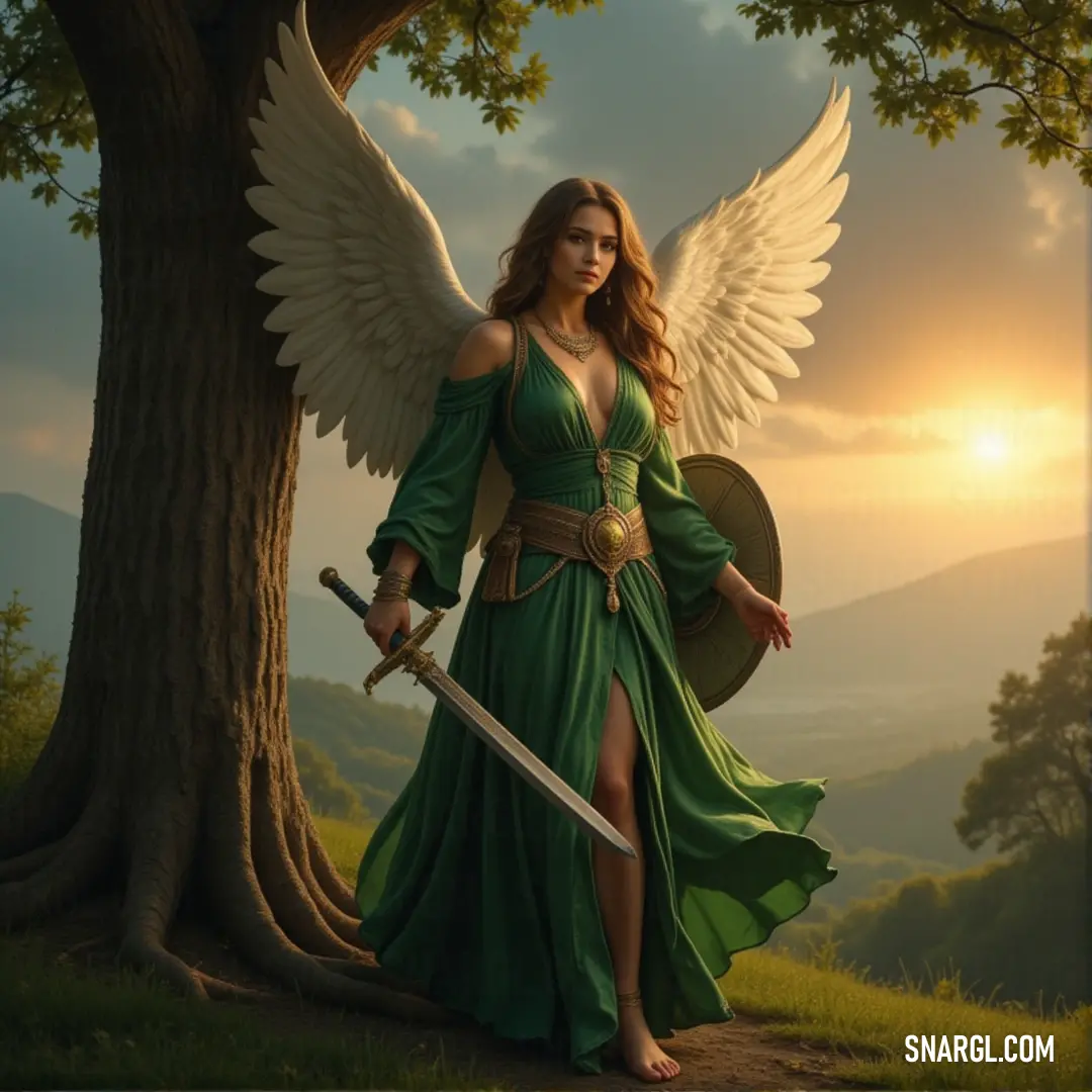 Cassiel, in green armor, poised with a sword and shield by an ancient tree, wings spread wide in readiness. Cassiel, clad in vibrant green armor, stands tall next to an ancient tree, wings unfurled behind him. He holds a gleaming sword and a shield, ready to defend against any threat in this serene, yet intense, moment of tranquility and power.