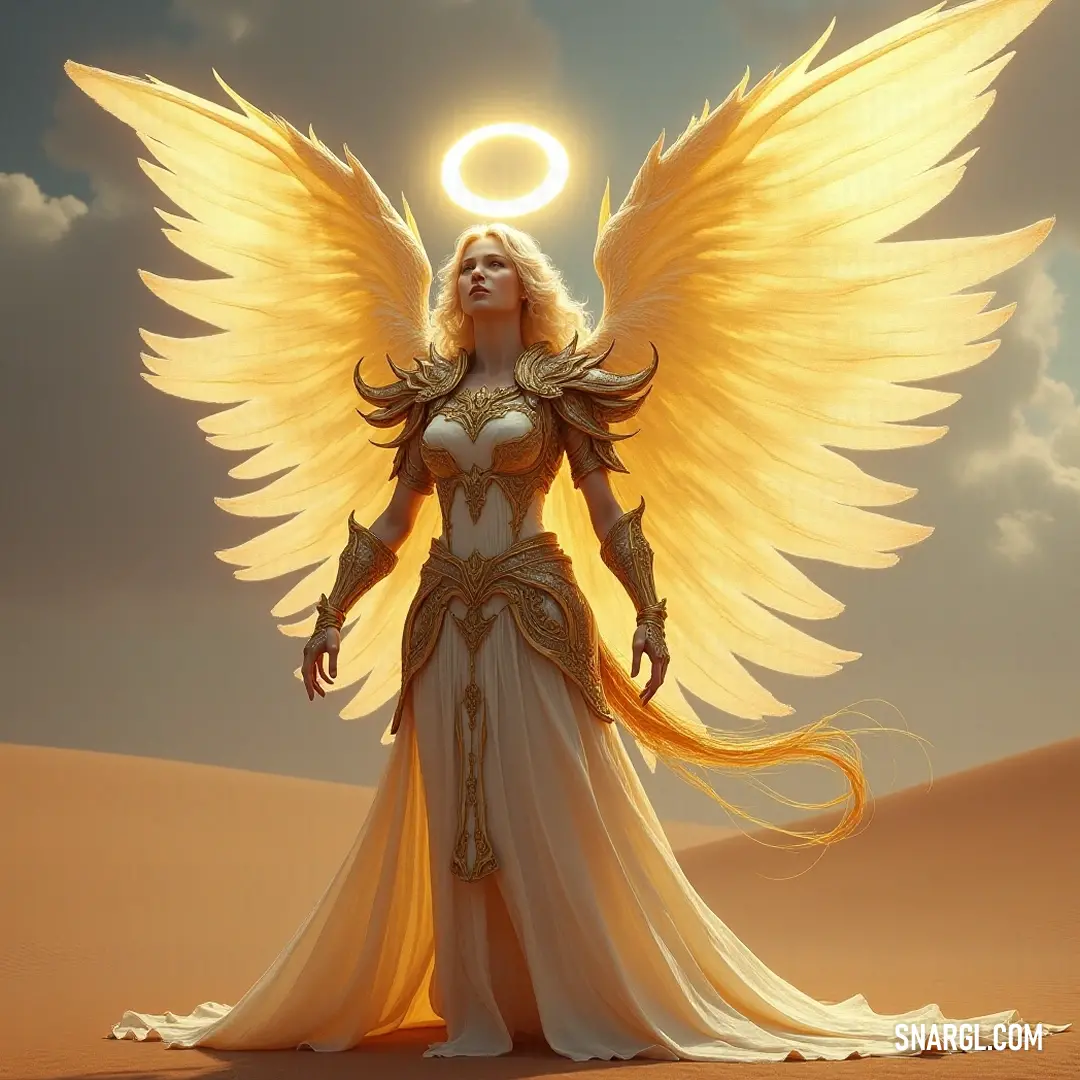 An ethereal presence with glowing wings and a halo graces the endless desert, holding a mystical ring above her, embodying the connection between divine realms and earthly existence. An ethereal figure adorned with shimmering wings and a radiant halo stands amidst the vast desert, with a delicate ring delicately balancing above her head, as she connects the heavens and earth.