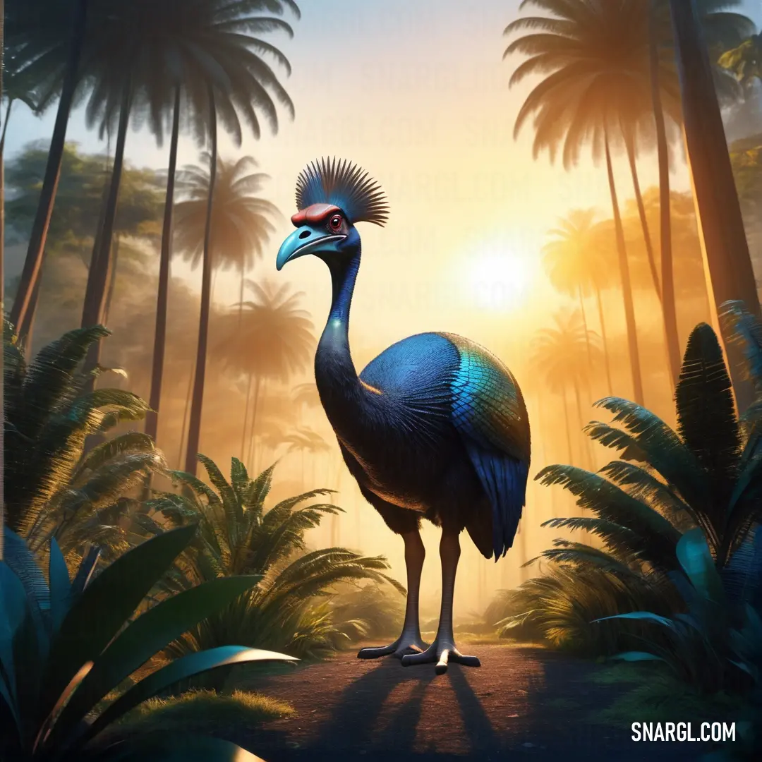 Cassowary standing in the middle of a forest with palm trees and a sun in the background