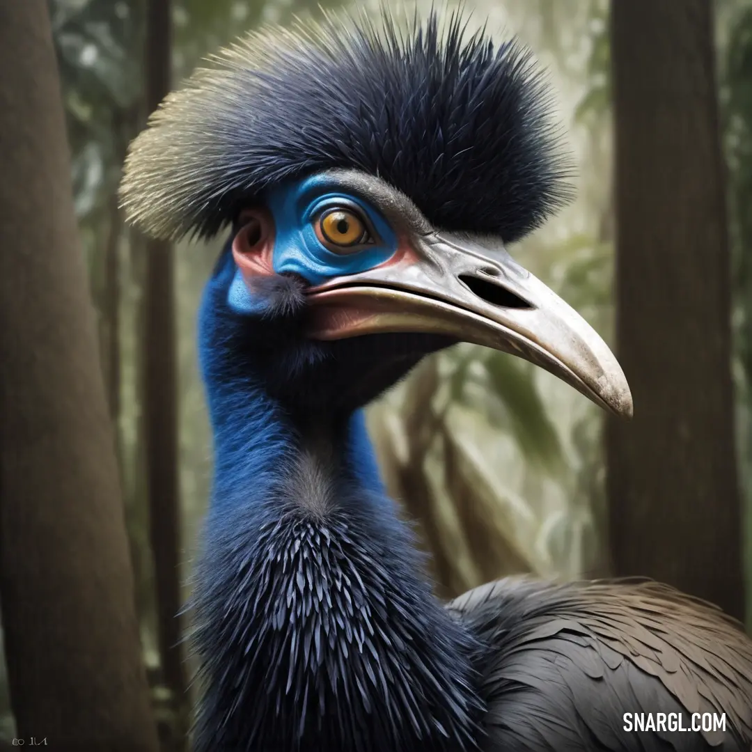 Cassowary with a blue head and a long neck standing in a forest with trees and leaves in the background