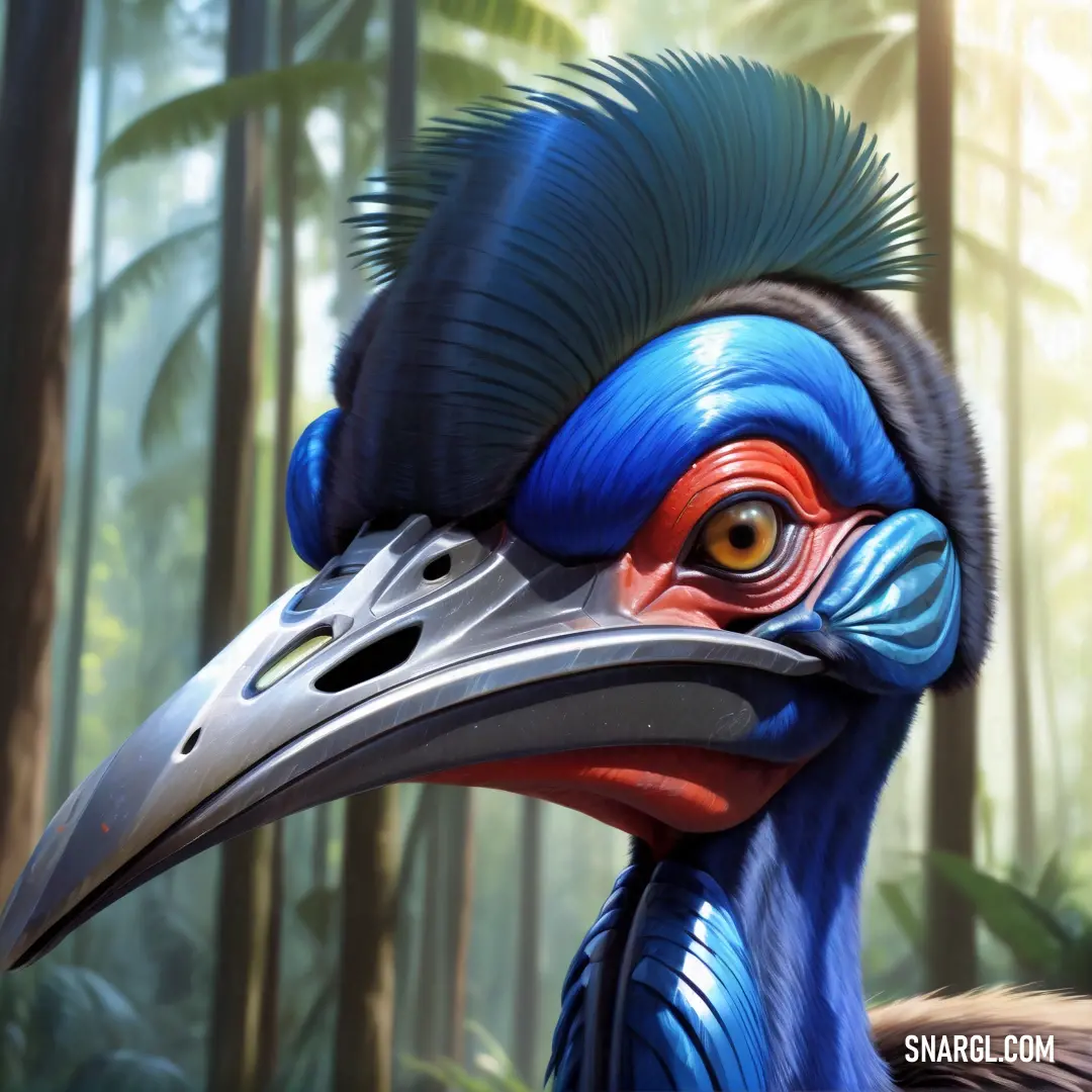 Cassowary with a blue head and a red beak in a forest with tall trees and palm trees in the background