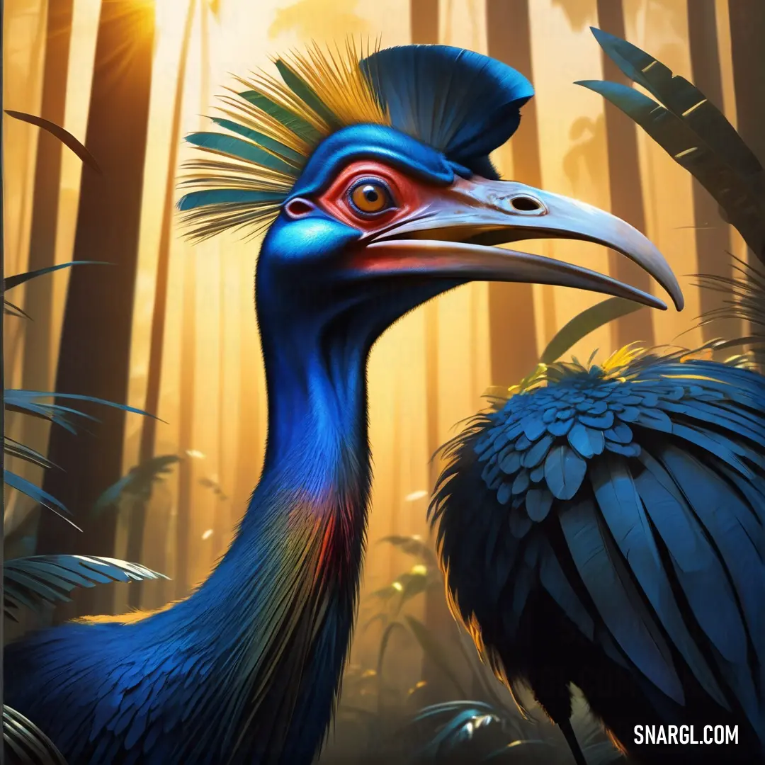 Cassowary with a long neck and a long neck standing in a forest with tall grass and trees in the background