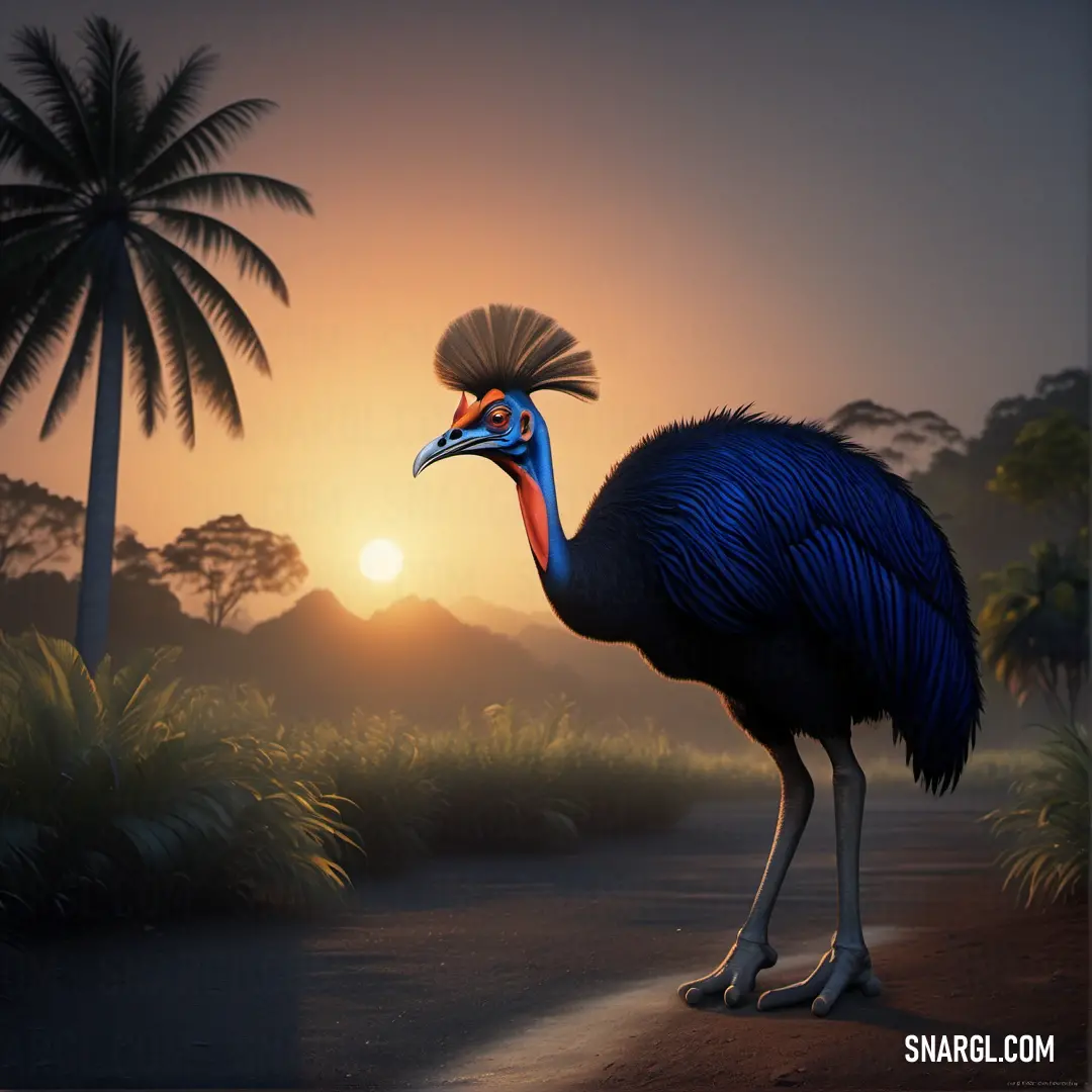 Cassowary with a long neck and a large head standing on a road near palm trees and a sunset