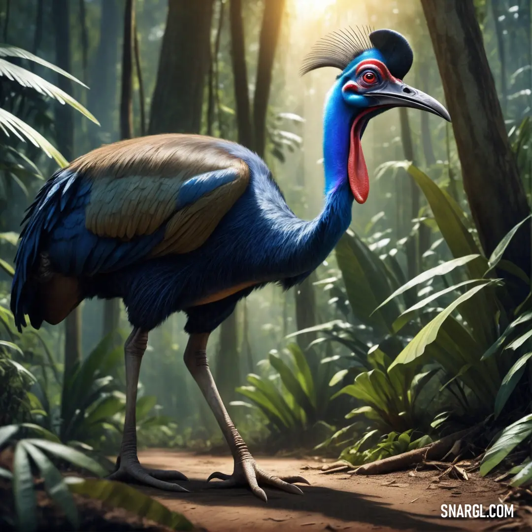 Cassowary with a long neck and a long neck standing in the middle of a forest with trees and plants