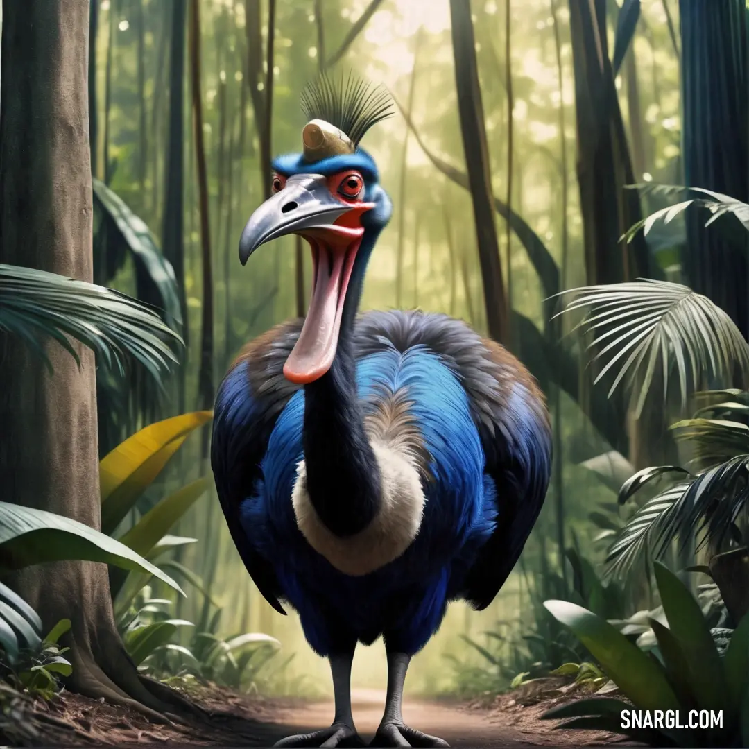 Cassowary with a long neck and a large beak standing in a forest with trees and plants on the ground