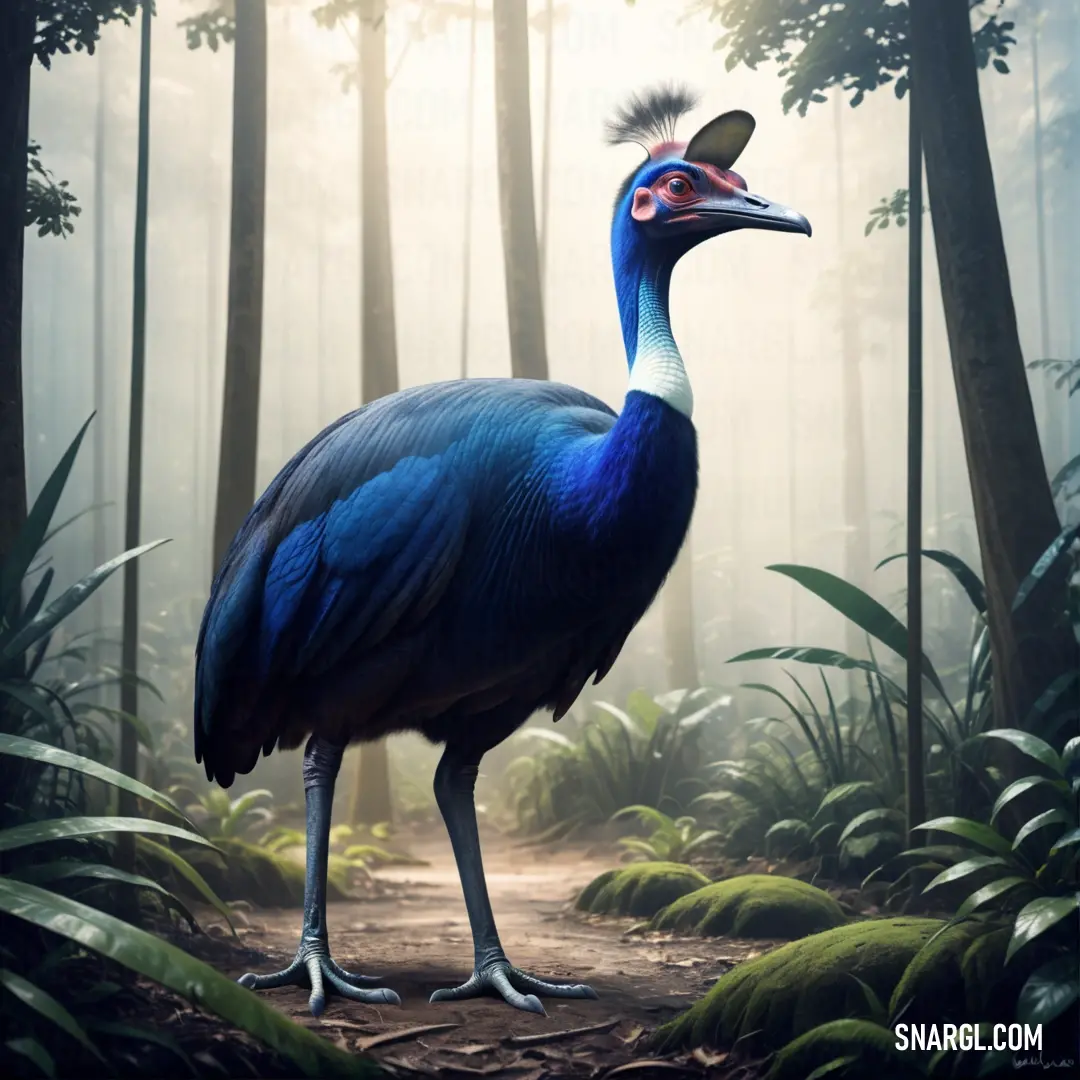 Blue Cassowary standing in a forest with trees and plants around it's edges and a path leading to it