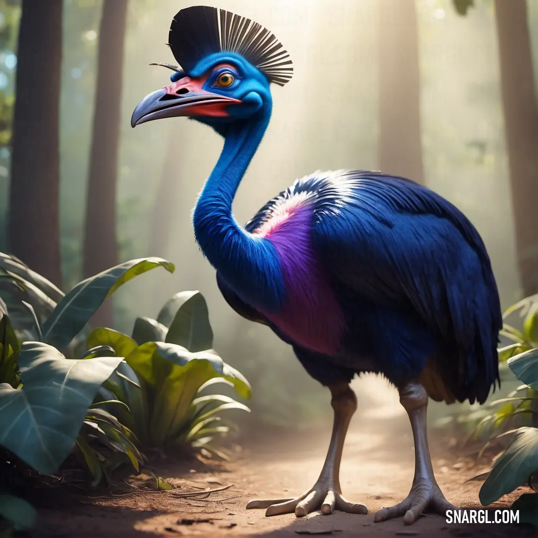 Blue Cassowary with a long neck and a long neck standing in the middle of a forest with green leaves