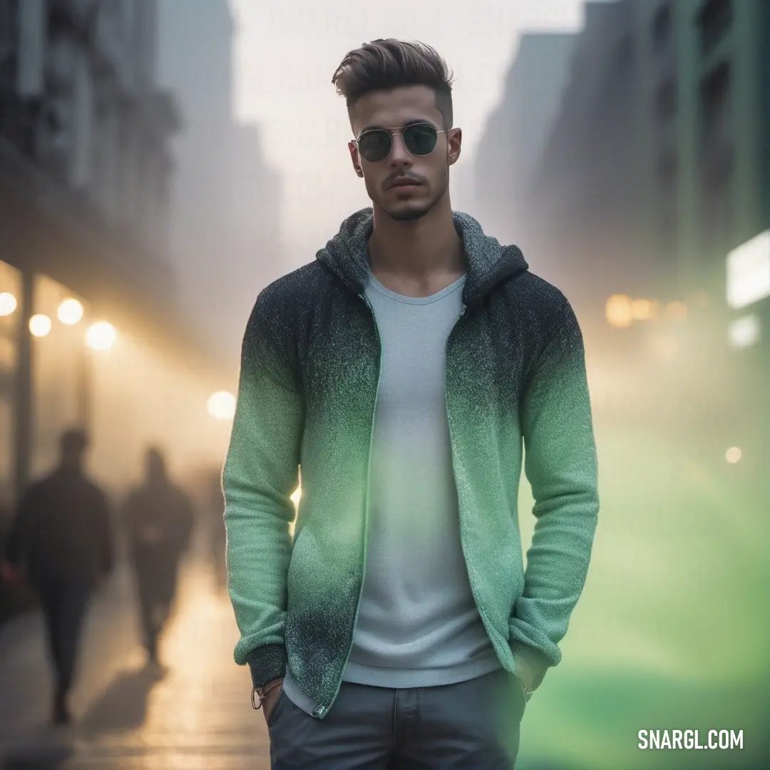 Man in a green and black jacket and sunglasses standing on a sidewalk in the city at night time