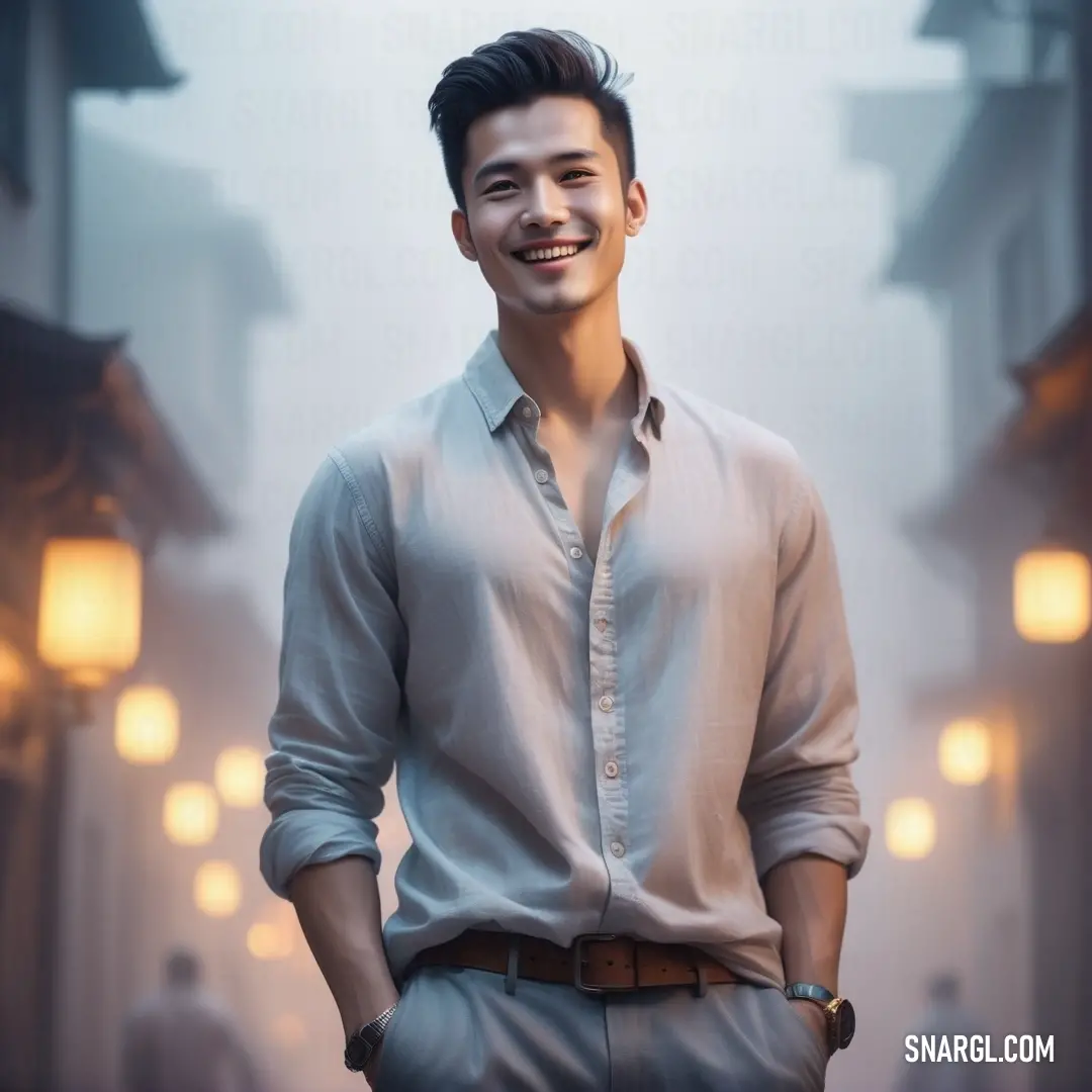 A man stands near a streetlight on a foggy street, with the mist creating an enigmatic and atmospheric setting. A man stands in front of a streetlight on a foggy street, with the mist creating a mysterious and moody atmosphere. The soft glow of the light contrasts against the fog, adding depth to the quiet night scene.