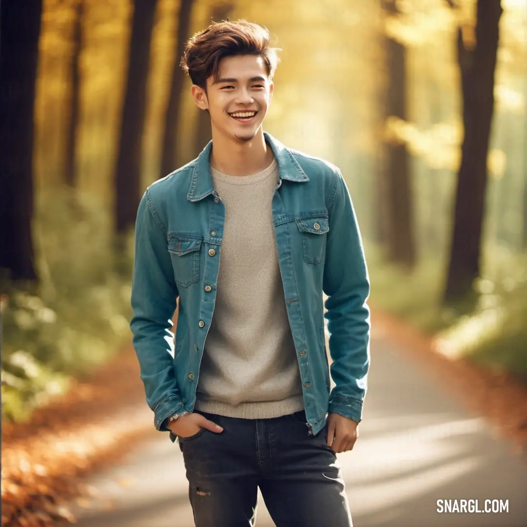 Man standing on a road with a smile on his face and a forest in the background