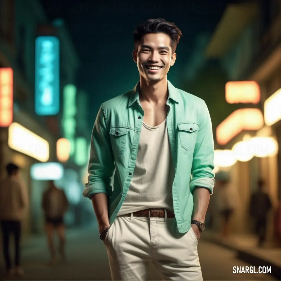 Man standing on a street at night with a smile on his face and a green jacket on his jacket