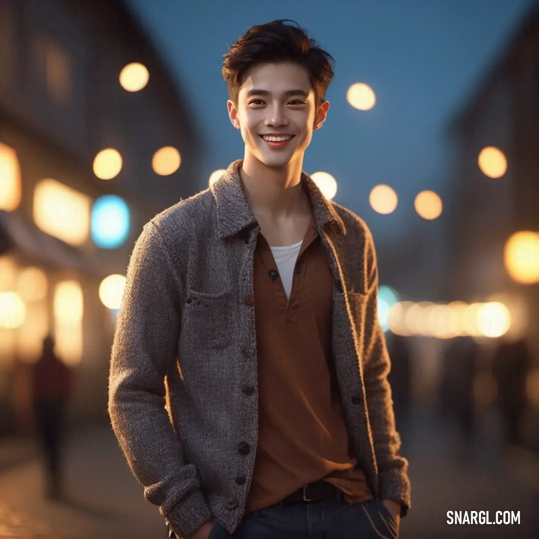 Man standing on a street at night smiling for the camera with lights in the background