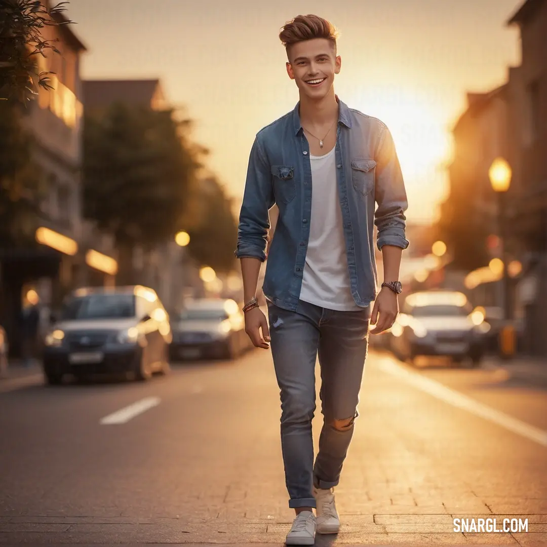 Man walking down a street with a smile on his face and a blue shirt on his shirt and jeans