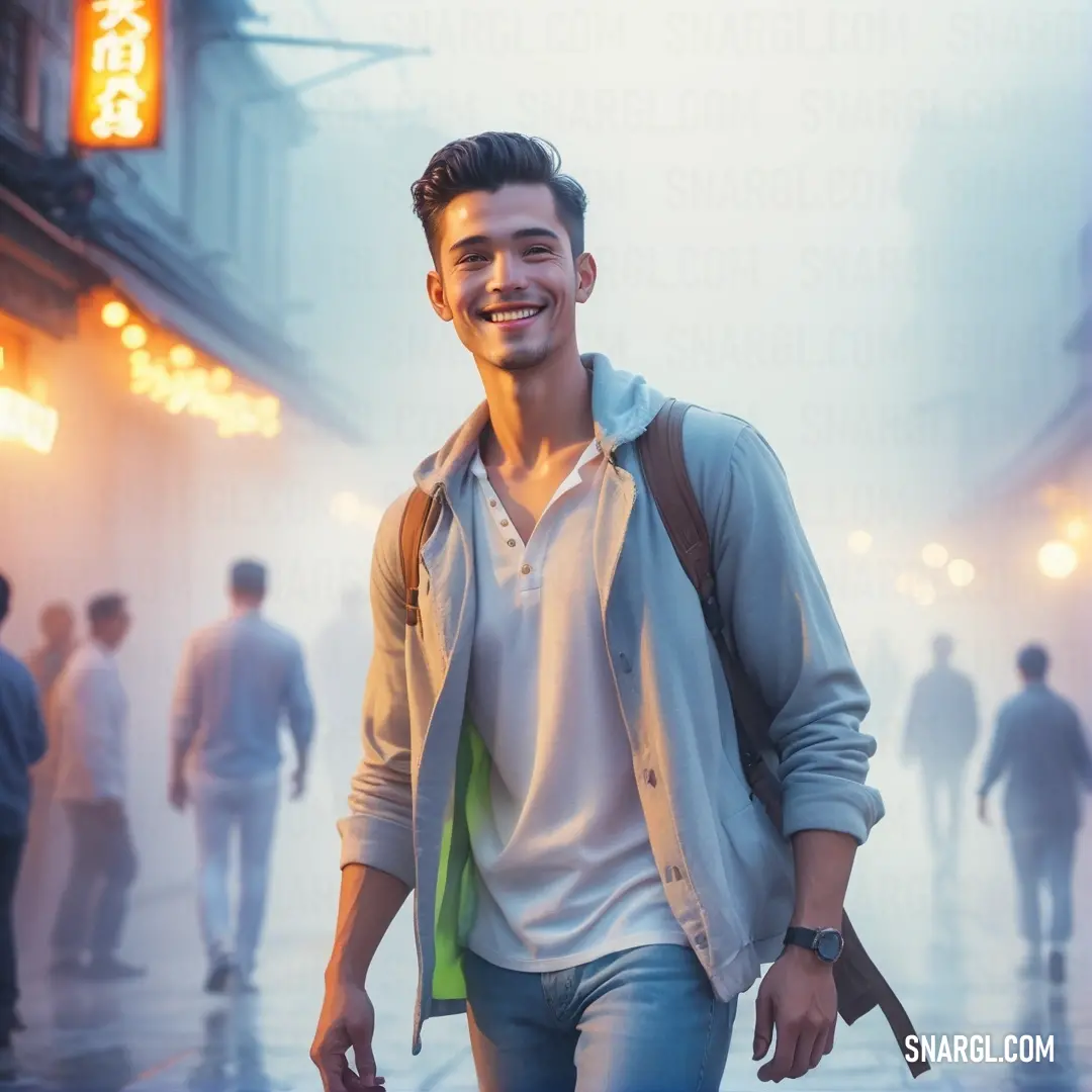 Man walking down a street in the fog with a backpack on his back