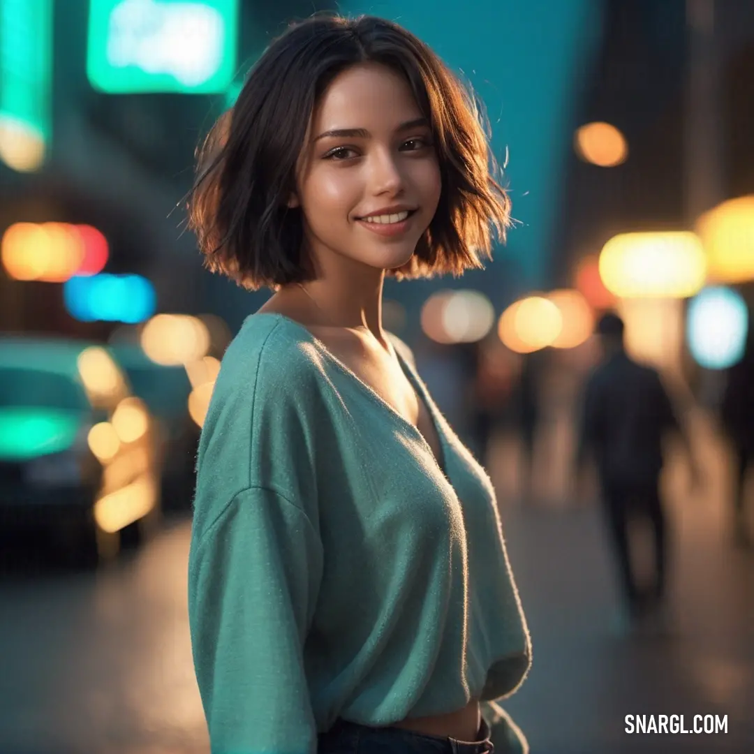 Woman standing on a street corner in the city at night with a smile on her face and a green shirt on