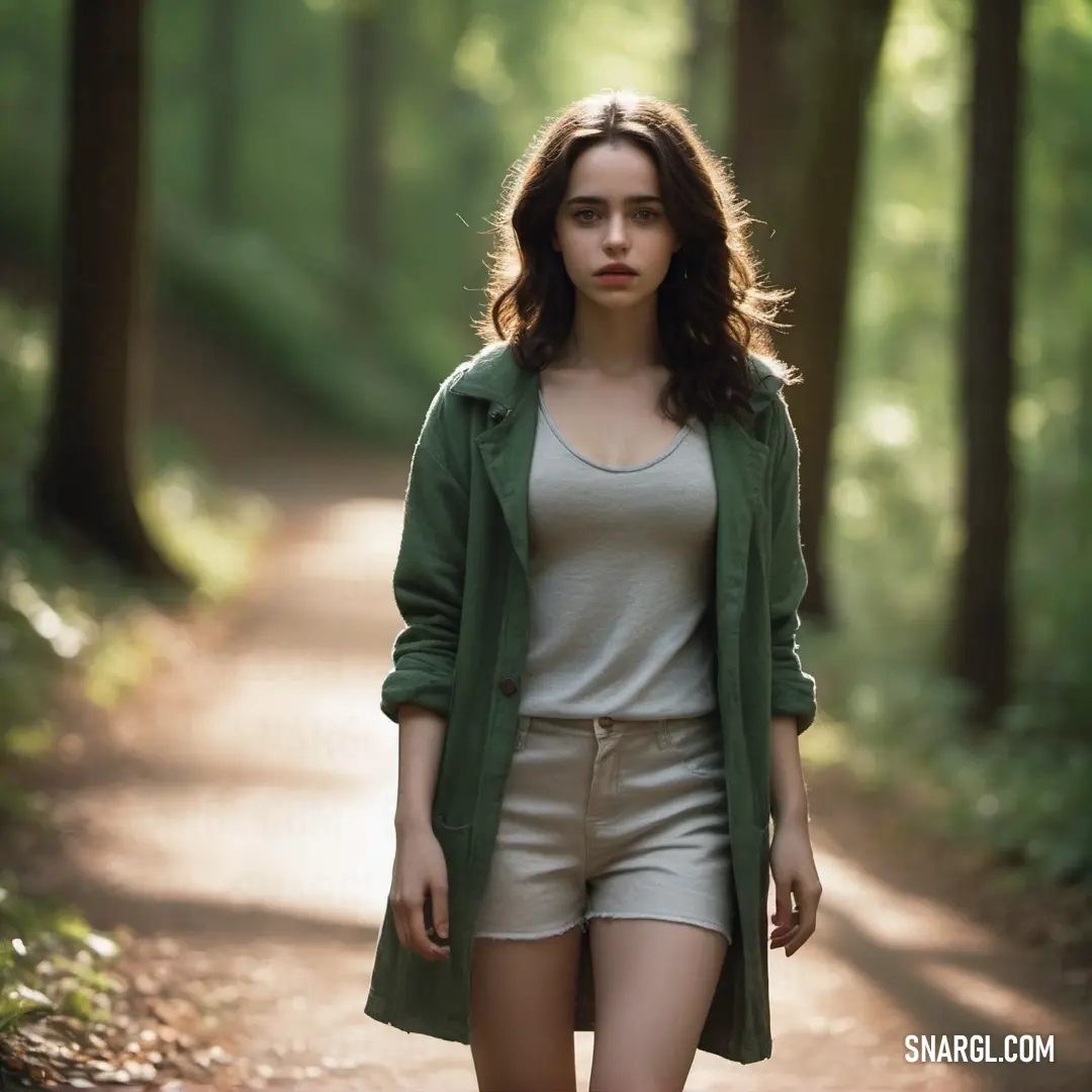 Woman walking down a path in the woods wearing shorts and a green coat with a hoodie on