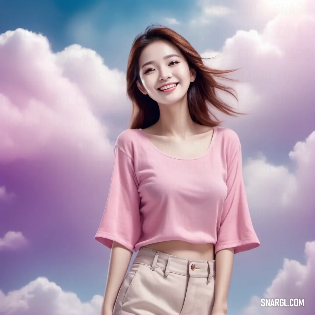 Woman with a pink shirt and tan skirt standing in front of a blue sky with clouds