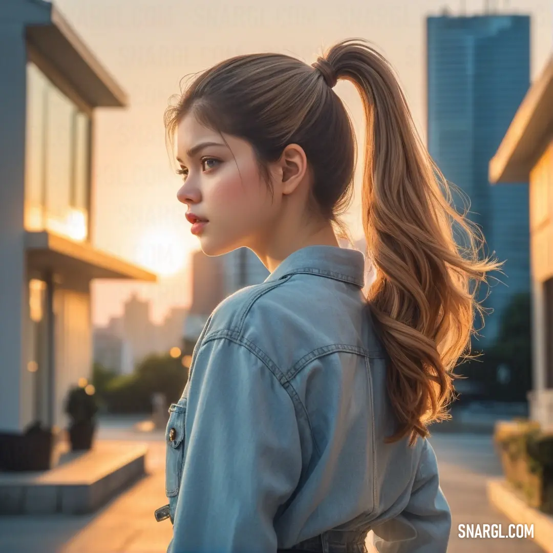 A woman standing in front of a cityscape, exuding confidence while surrounded by the fast-paced urban environment. A confident woman with a ponytail stands on a city sidewalk, gazing at the urban skyline. She’s dressed casually and looks relaxed amidst the bustling environment, with modern buildings and the city’s energy as the backdrop.