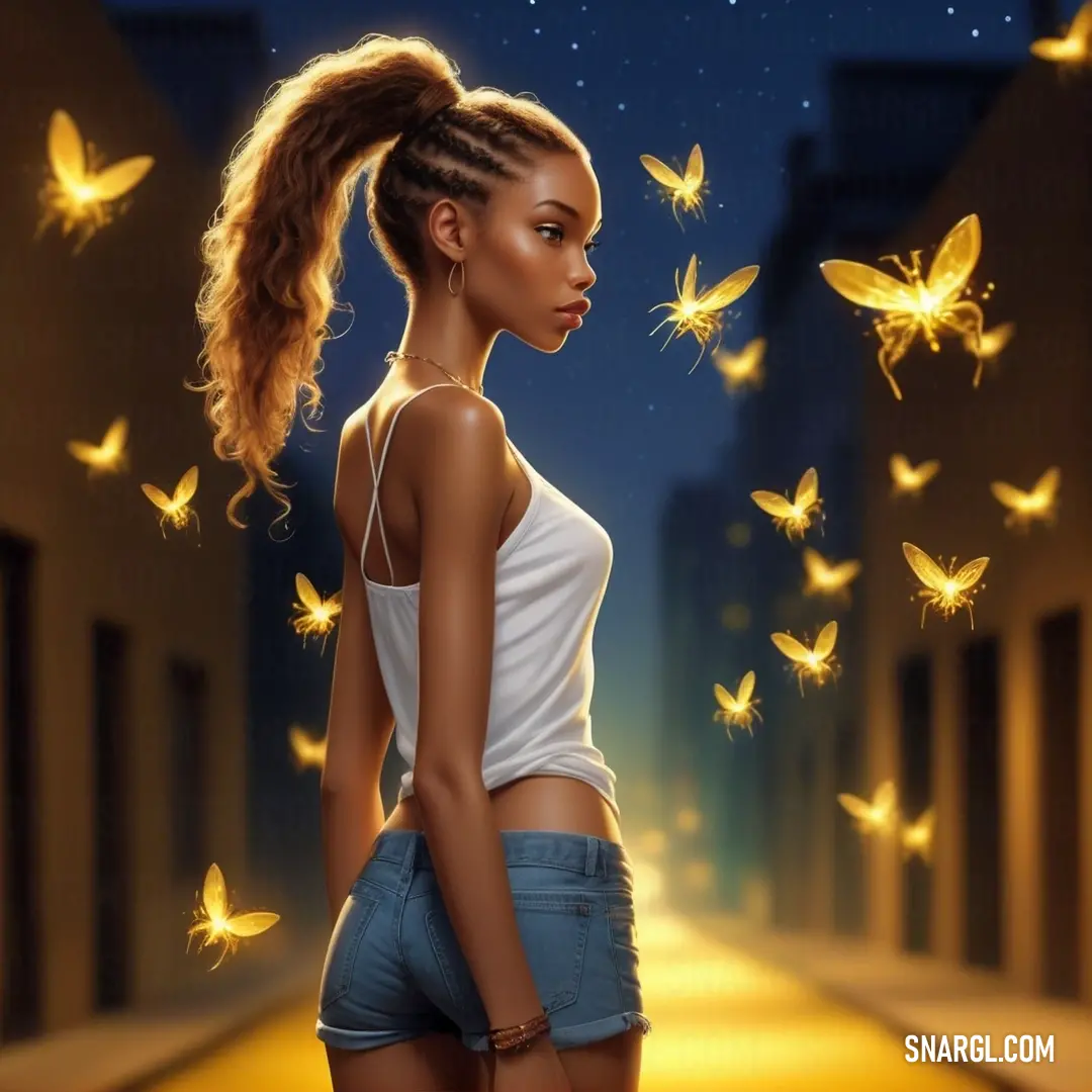 Woman with a ponytail standing in a street with butterflies flying around her head and a city street at night