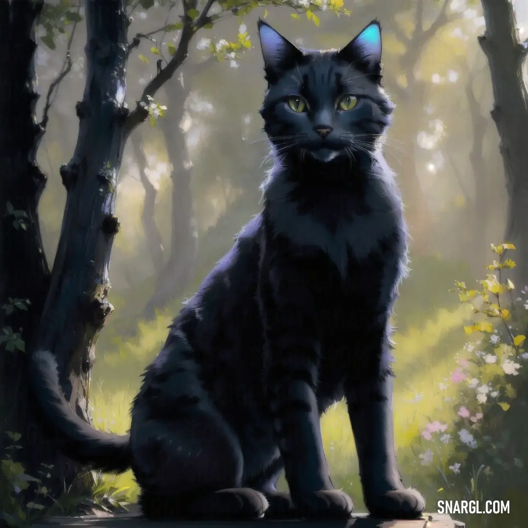 Black cat in the middle of a forest with trees and flowers in the background and a light shining on the cat