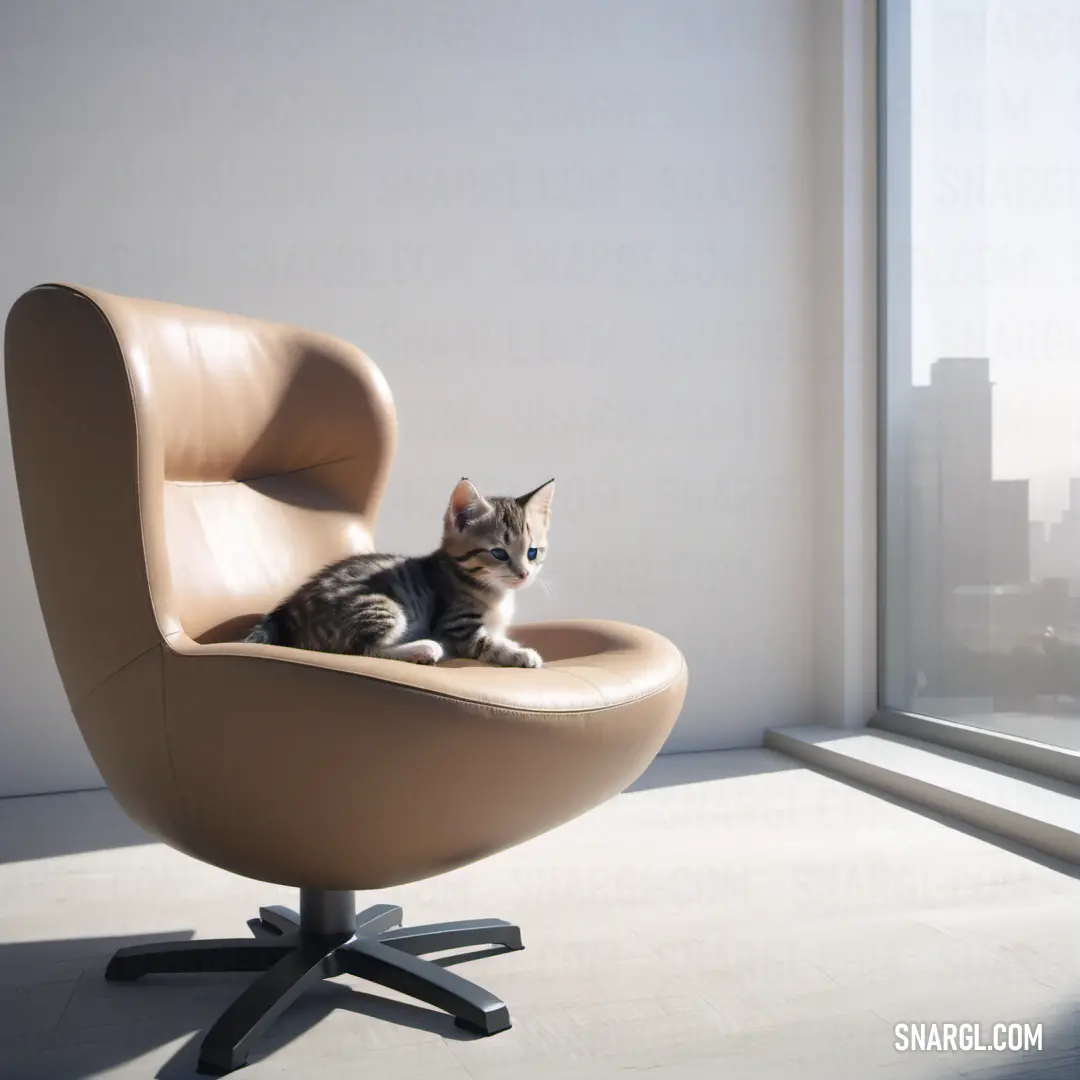 Cat in a chair in a room with a window and a city view outside the window