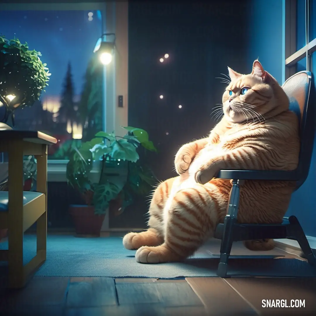 Cat in a chair looking out a window at the night sky and a potted plant in the corner