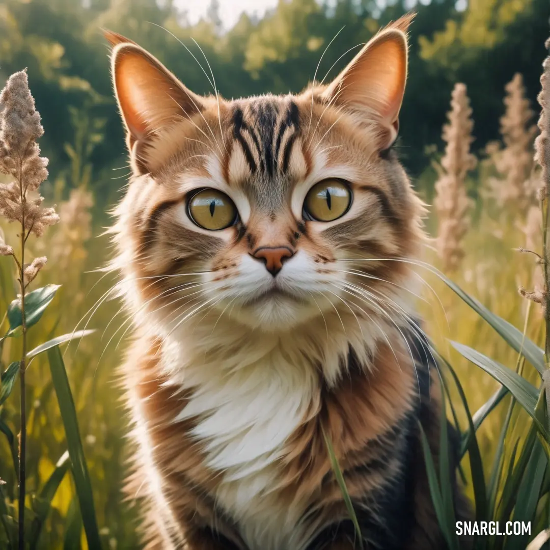 Cat in a field of tall grass with a forest in the background and a sunlit sky