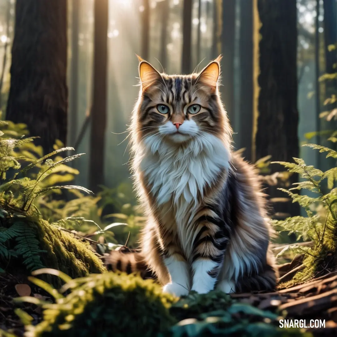 Cat in the middle of a forest with sunlight shining through the trees and grass on the ground