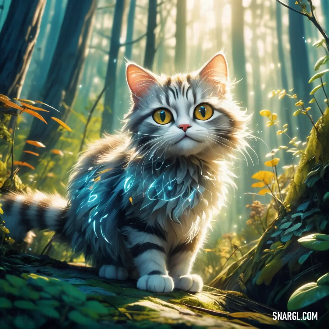 Cat in the middle of a forest with bright yellow eyes and a blue tail