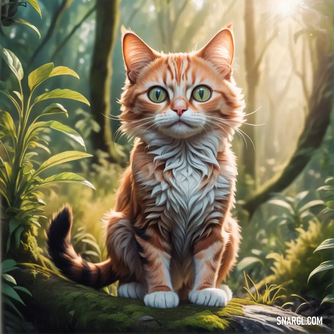 Cat in the middle of a forest with green eyes and a white tail and a green - eyed face