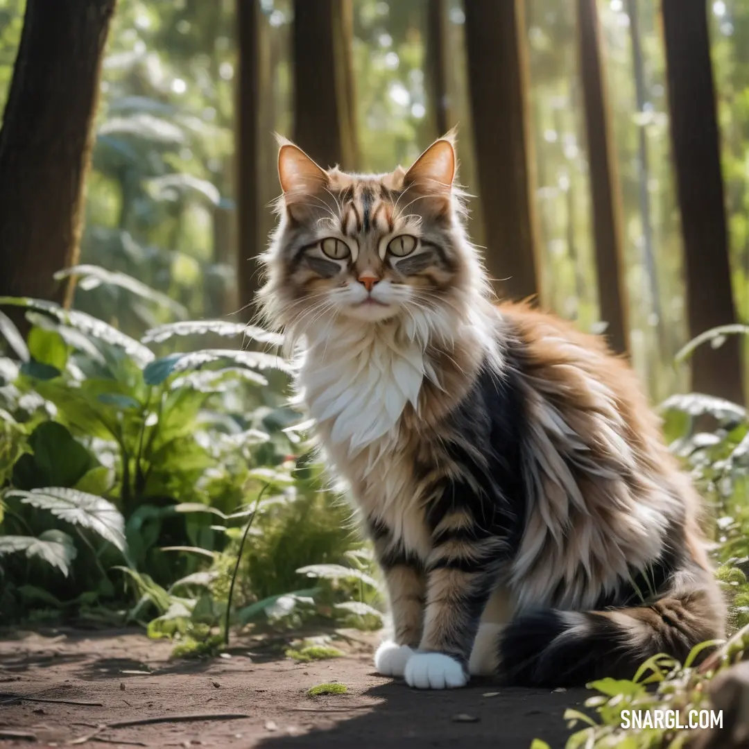 Cat in the middle of a forest with tall grass and trees in the background