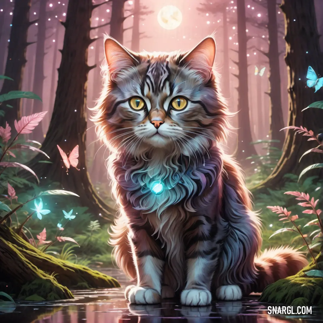 Cat in the middle of a forest with a glowing light on its face and eyes
