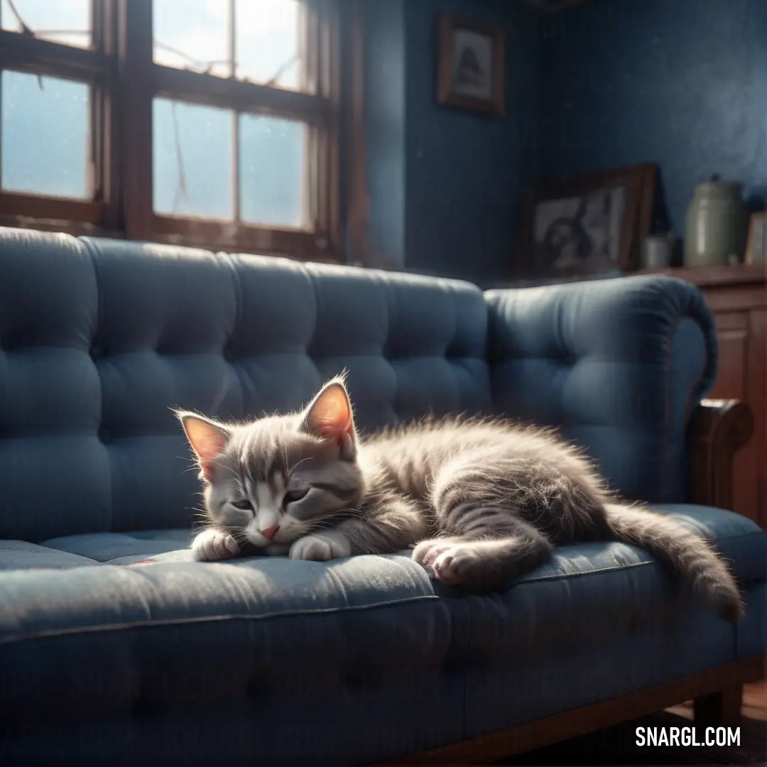 Cat is laying on a blue couch in a room with windows and a table with a vase on it