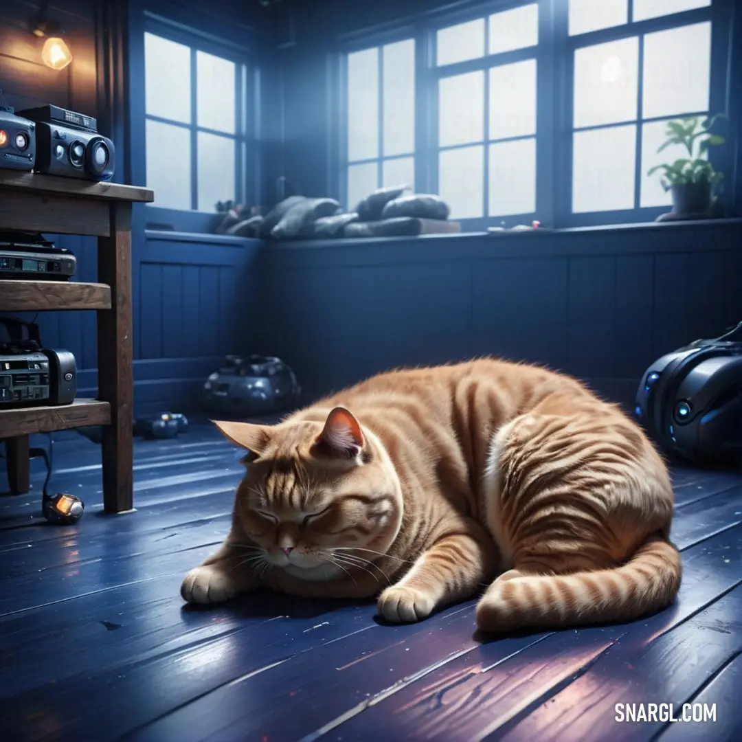Cat is laying on a wooden floor in a room with a window and a table with a radio