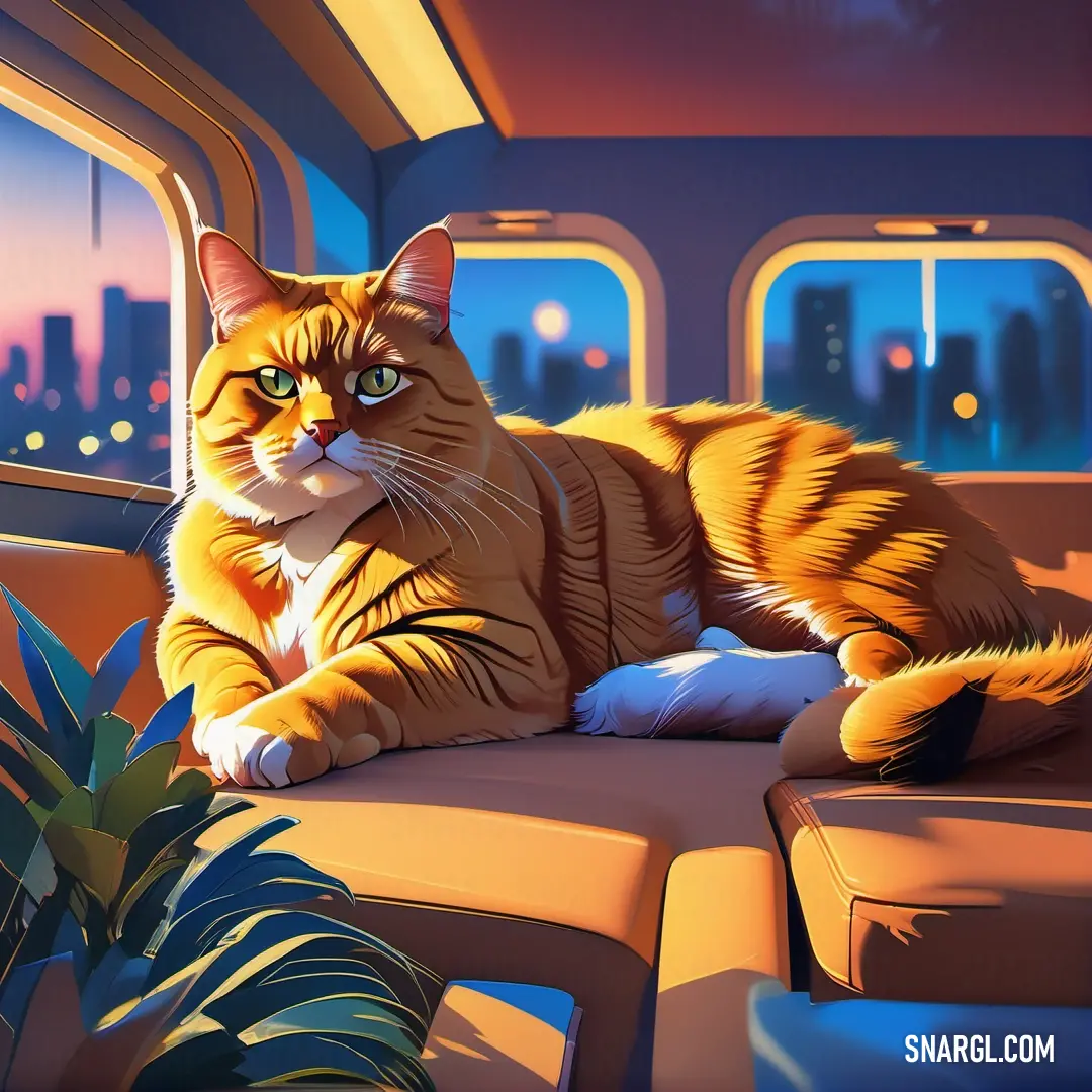 Cat is on a couch in a room with a view of the city at night and a plant