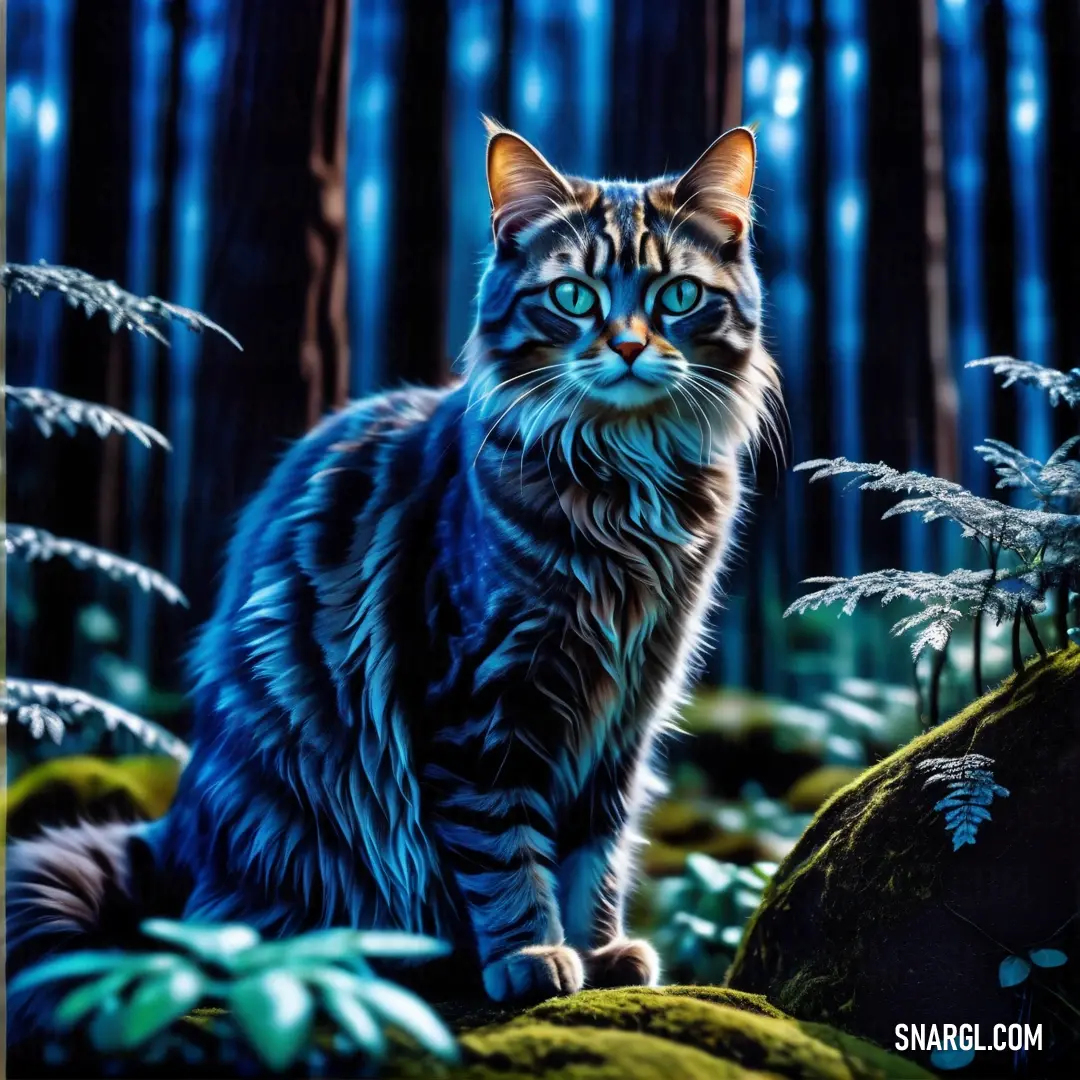 Cat is on a rock in the woods with ferns and blue eyes