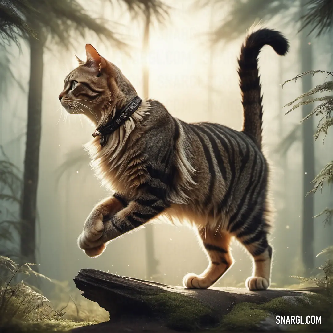 Cat is running across a rock in the woods with a light shining on it's face and tail