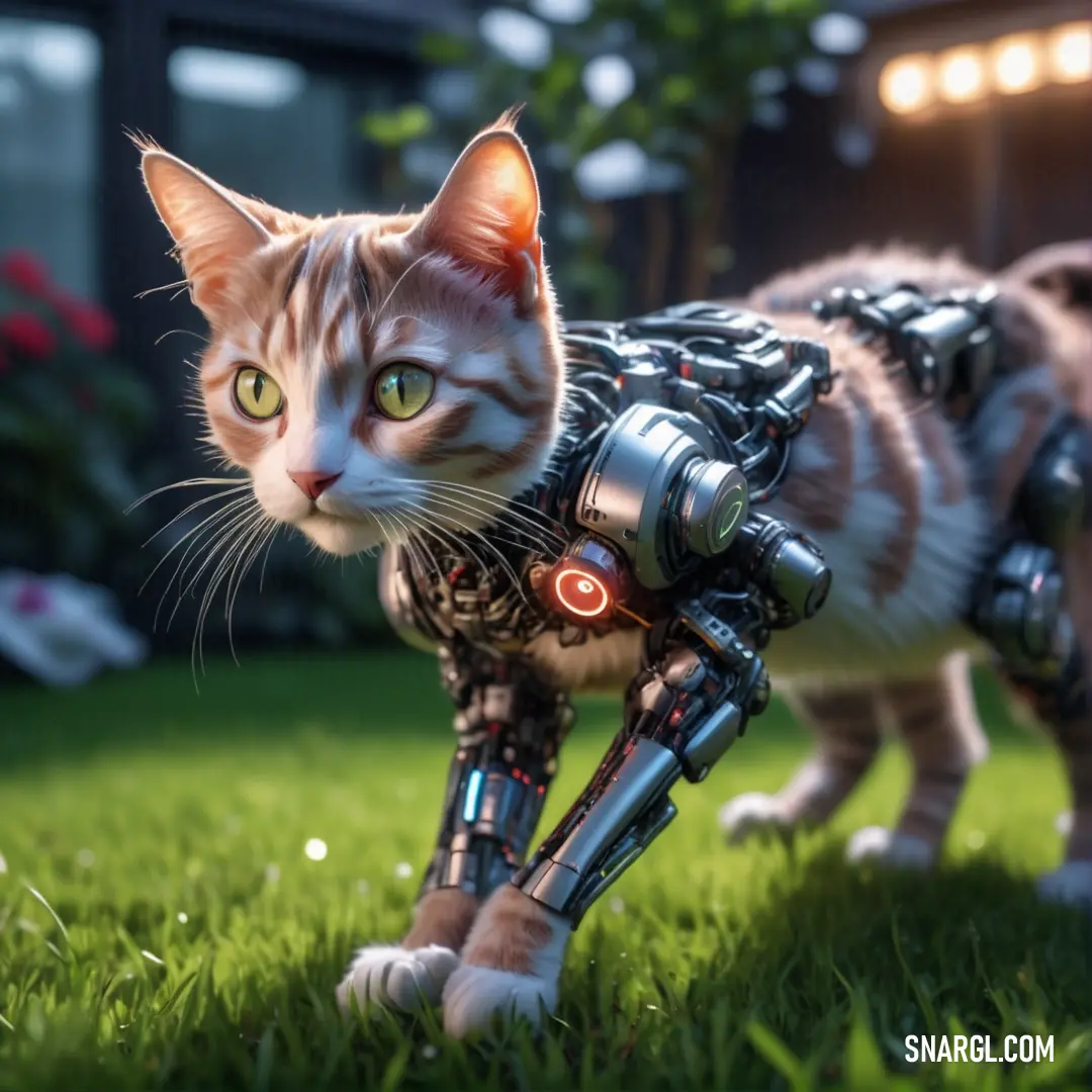 Cat is walking in the grass with a robot suit on it's back legs and a light on its head