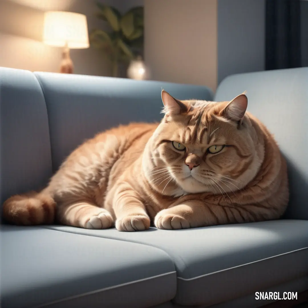Cat laying on a blue couch in a room with a lamp on the side of the couch
