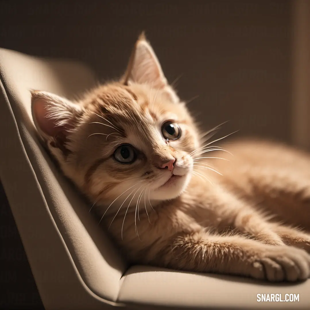 Cat laying on a chair looking up at the camera with a sad look on its face and eyes